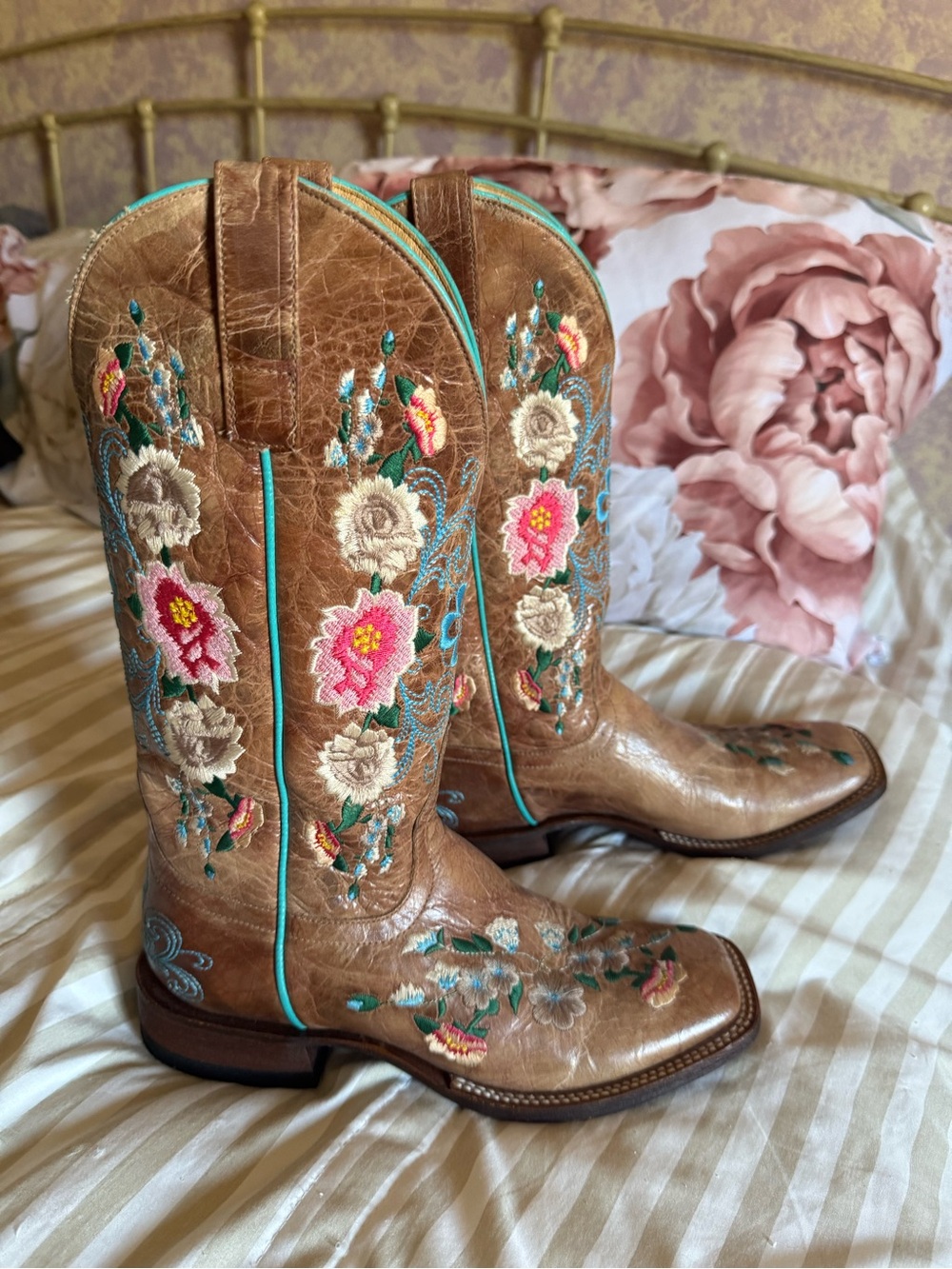 Macie Bean Brown Western Boots with Pink & Turquoise Embroidery